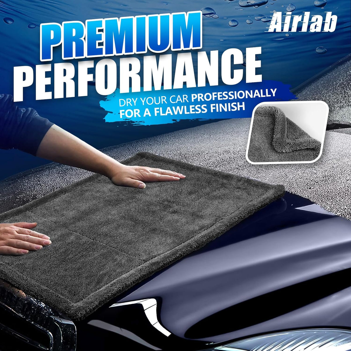 Airlab Microfiber Towels for Cars Wash Drying Thick Plush Cleaning Cloth Auto Detailing Super Absorbent for Interior & Exterior Lint Free, Streak Free, 16" X 16", 800 GSM, Pack of 4