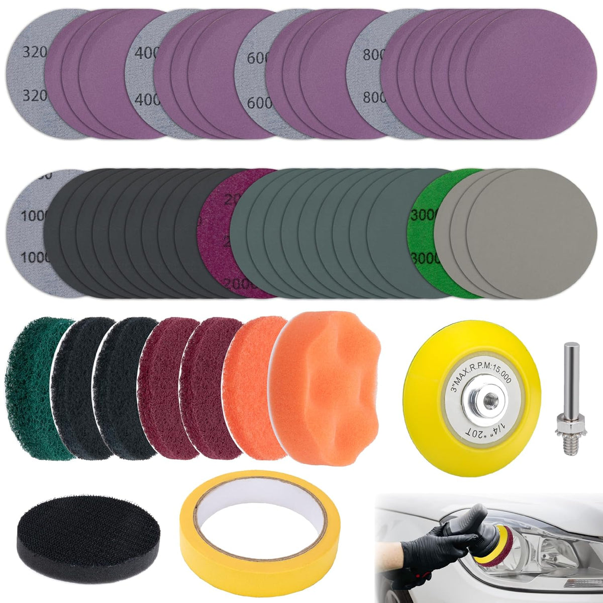 53 PCS Car Headlight Restoration Kit, 3 Inch Drill Sanding Disc with 1/4 Inch Shank Backing, Loop and Hook Sanding Paper, Scouring Pads, Polishing Sponge, Soft Interface Pad, Masking Tape
