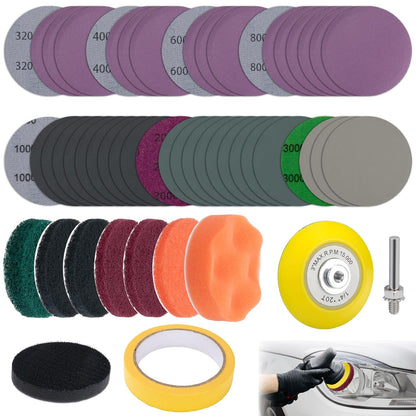 53 PCS Car Headlight Restoration Kit, 3 Inch Drill Sanding Disc with 1/4 Inch Shank Backing, Loop and Hook Sanding Paper, Scouring Pads, Polishing Sponge, Soft Interface Pad, Masking Tape