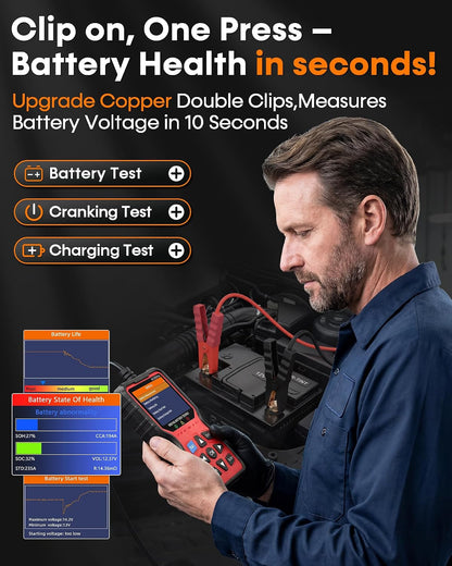 Easy to Use 2-in-1 OBD2 Scanner with Battery Tester: 1S Read & Clear Check Engine Codes + Test Battery in Mins - DIY Car Diagnostic Tool with Cold Cranking Amps for Pre-Trip Safety on 1996+ Vehicles