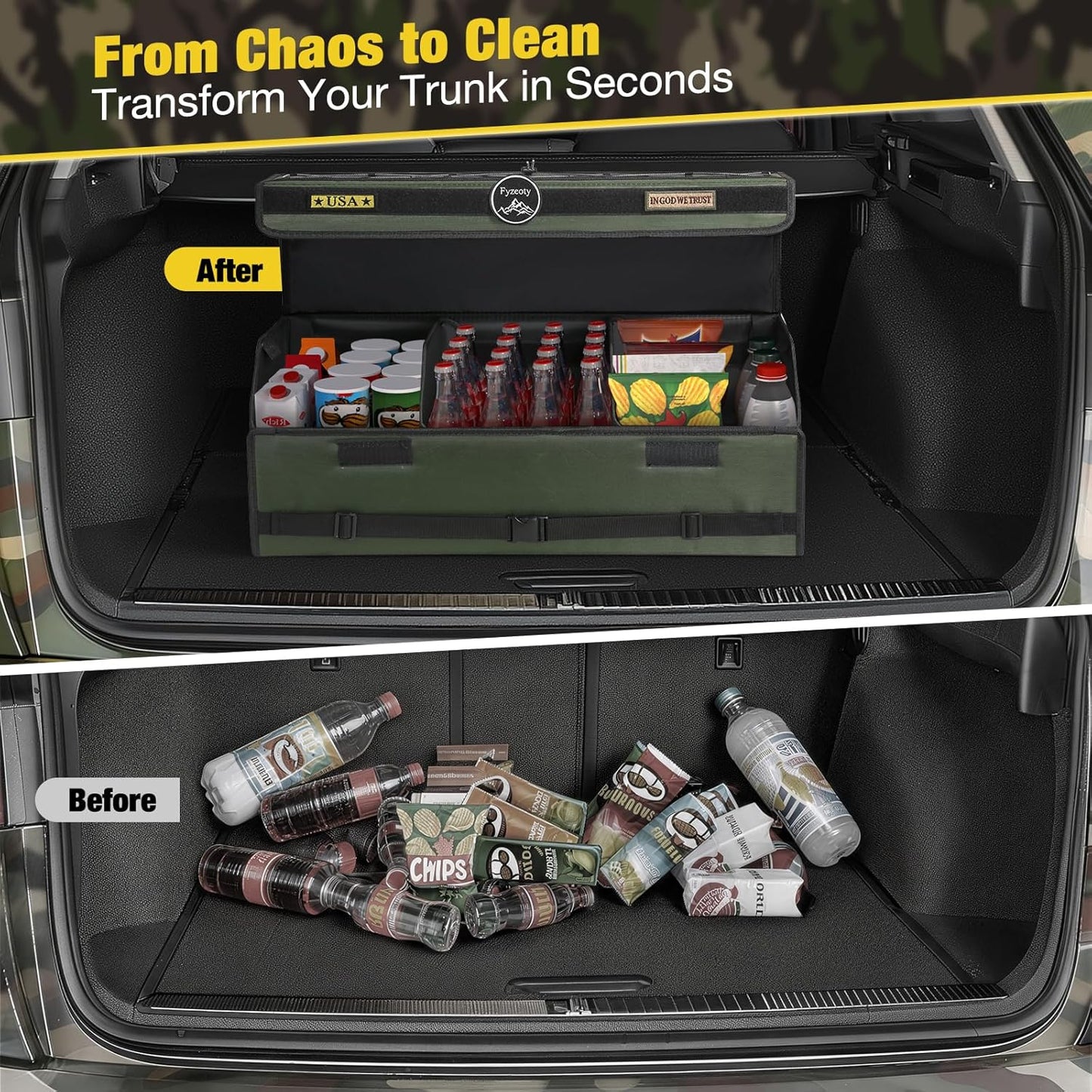 Fyzeoty Car Organizers for Trunk for Suv Sedan, Leather Storage Box,Magnetic Lid,Collapsible and Adjustable,16.5 inches