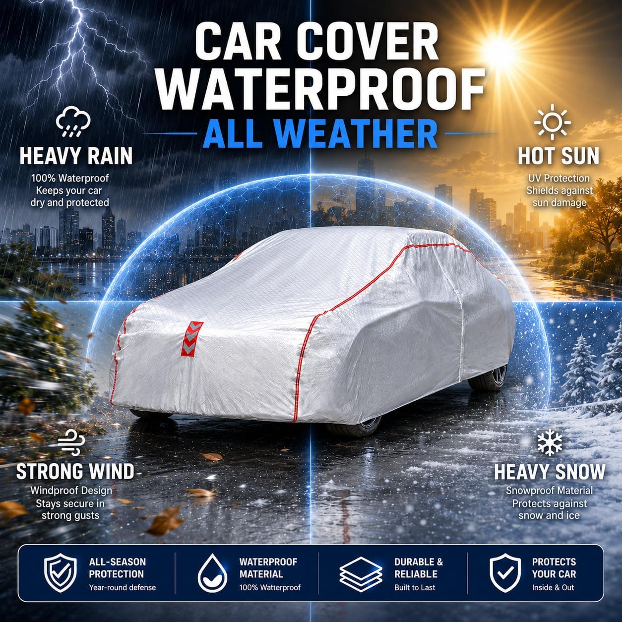 Car Cover for Sedan, Waterproof All Weather Heavy Duty, 360° Underbody Wrap Windproof Design, Quick Install Outdoor Vehicle Cover, Fits 186-193 in