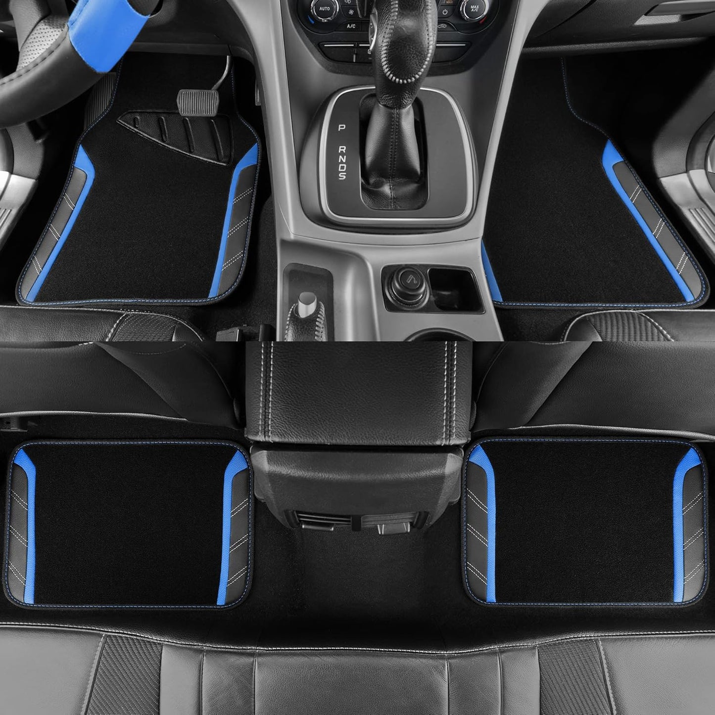 CAR PASS Air Mesh Leather Car Seat Covers Full Set, Waterproof Car Floor Mats, Sporty Steering Wheel Cover 14.5-15in, Universal Fits for 95% Cars Truck SUV (Black and Blue)