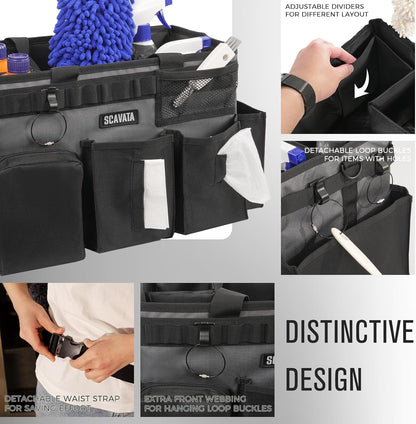SCAVATA Wearable Cleaning Caddy Bag, Supplies Organizer with Handle & Shoulder Straps for Housekeepers, Under Sink & Car Cleaning Tool Organizer with 4 Foldable Dividers (Black)