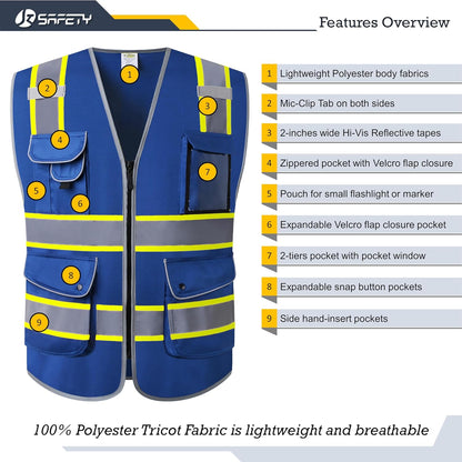JKSafety 9 Pockets Class 2 High Visibility Zipper Front Safety Vest With Reflective Strips,Meets ANSI/ISEA Standard (Large, 150-Yellow) - Colors B