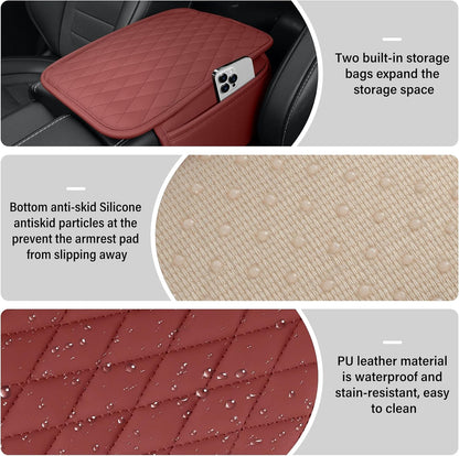 Amiss Car Center Console Cover, Upgraded Leather Car Armrest Cushion with 2 Storage Pockets, Universal Waterproof Cushion Pad, Non-Slip Car Interior Accessories, Fits Most Sedans SUVs Trucks (Black)