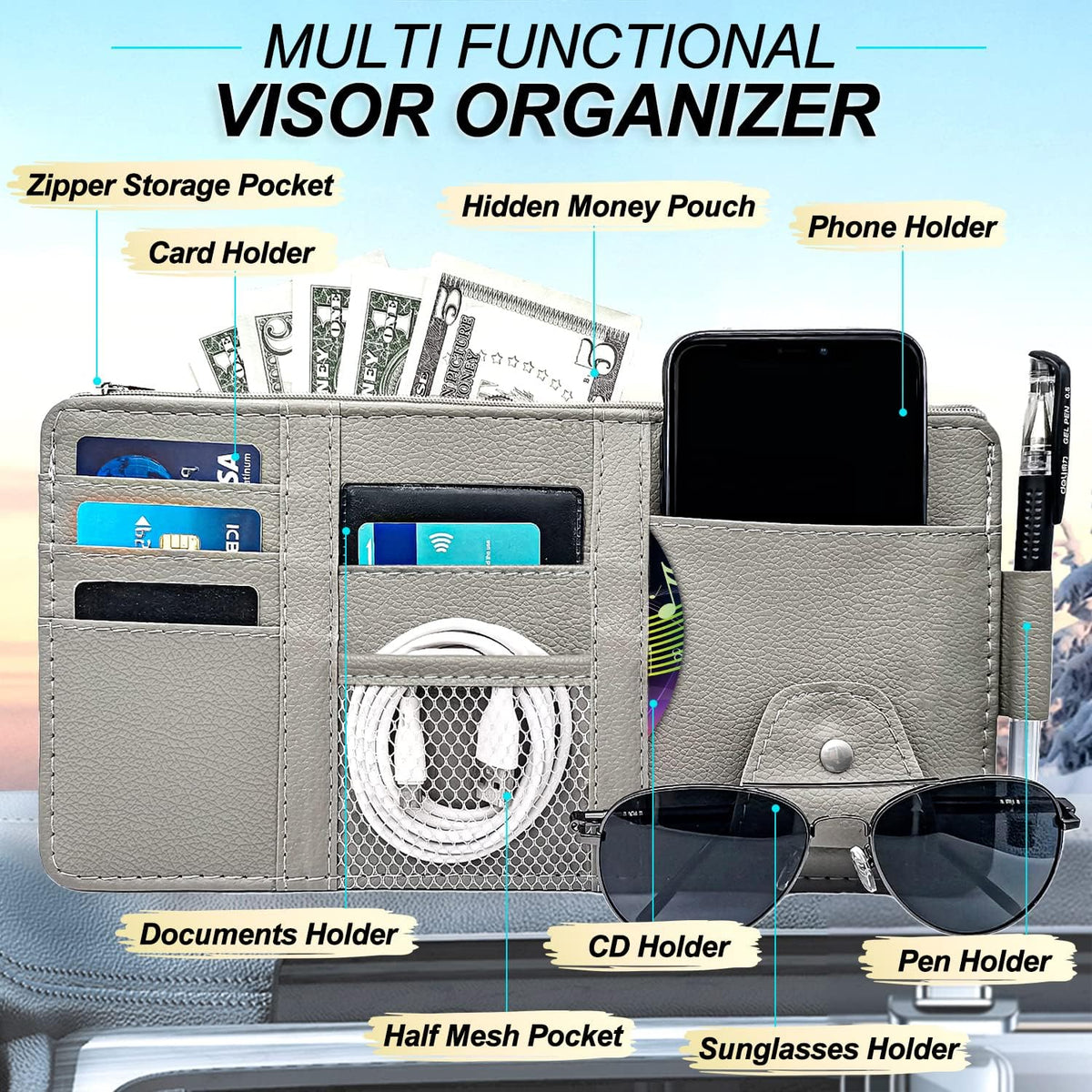 Keedolla Car Sun Visor Organizer, Truck Visor Organizer Car Sun Storage Pocket Pouch Case Bag for Sunglasses, Cards, Pens and Document - Pink