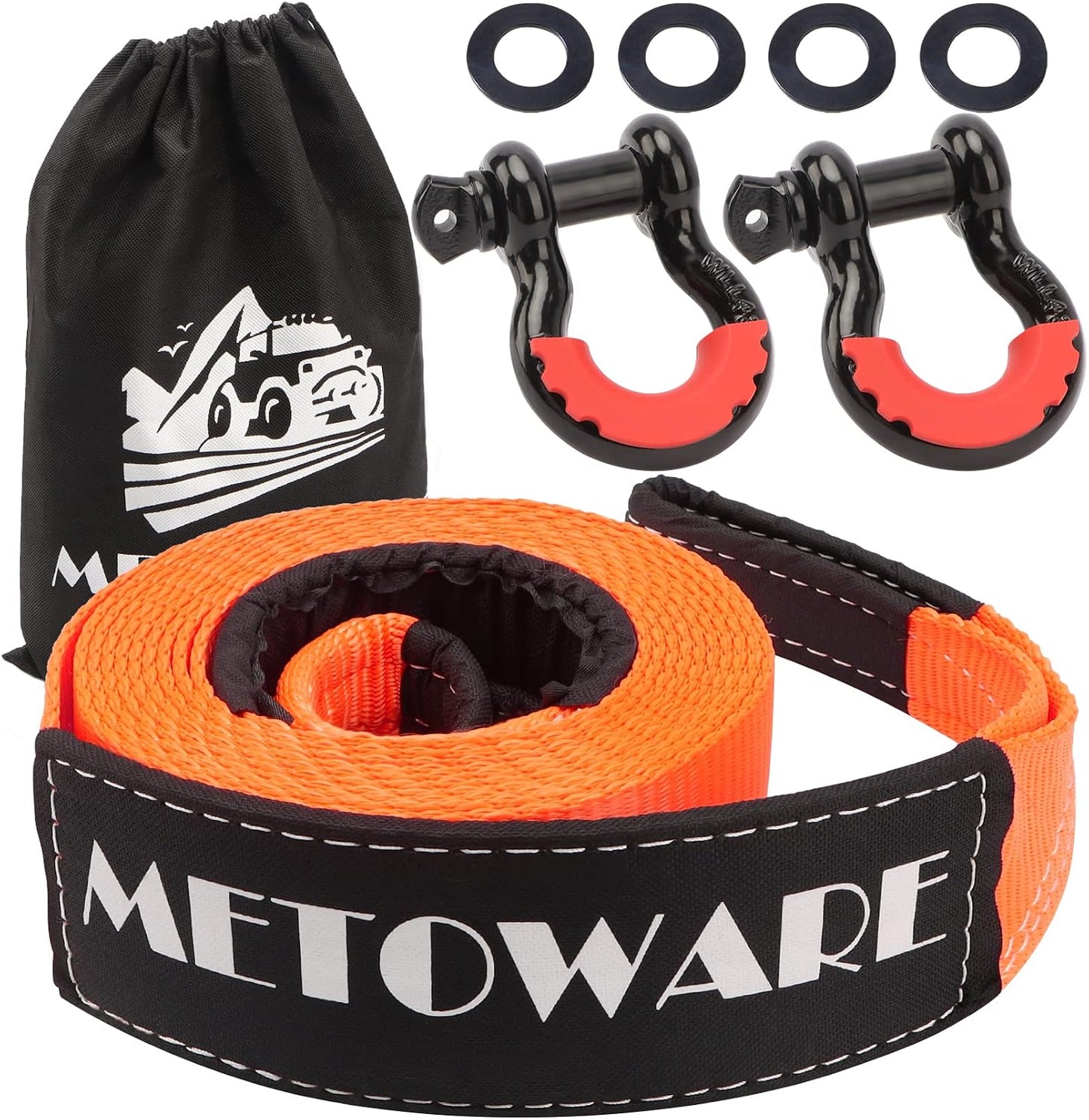 METOWARE Recovery Tow Strap Kit 3" x 20ft, Heavy Duty Recovery Strap 35,000lbs Break Strength with 3/4" D Ring Shackles(2pcs) & Storage Bag, Emergency Off Road Towing Rope for SUV, UTV, ATV, Truck