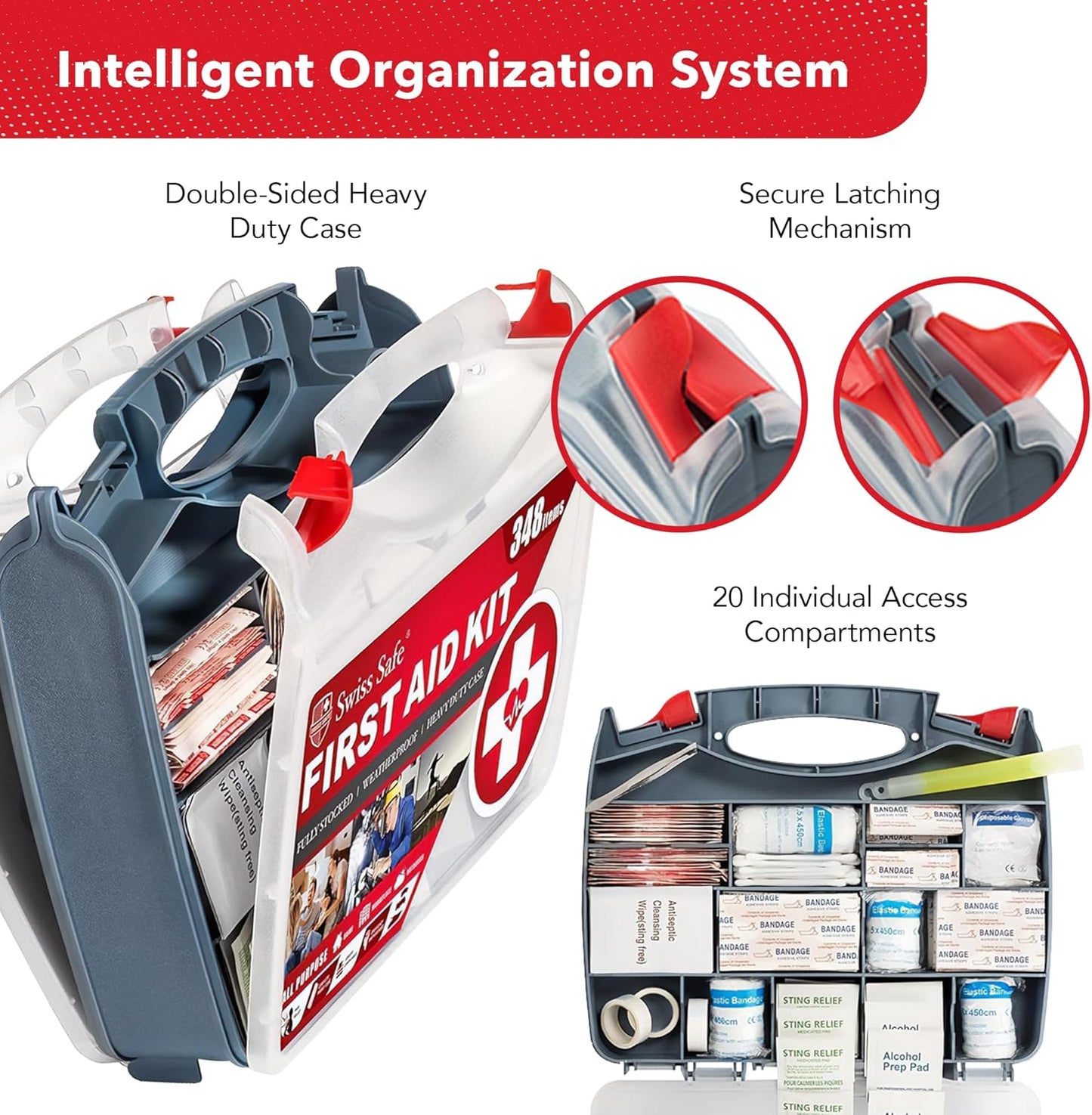 Swiss Safe 2-in-1 First Aid Kit for Car, Travel and Home, 348 Pieces, Large Hardcase with Bonus Mini Kit for Medical Emergency, Survival and Camping