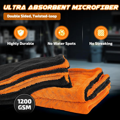 SMINDER 2-Pack 1200 GSM Car Drying Towels – Microfiber Towels for Cars (36" x 24"), Ultra-Absorbent, Streak-Free, Scratch-Free, No Water Spots, Double-Twist Pile & Edgeless Design