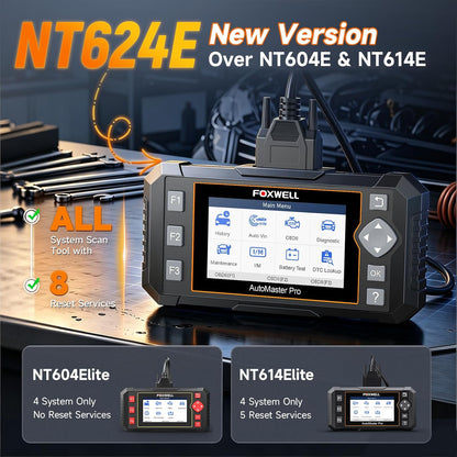 2026 FOXWELL NT624 Elite OBD2 Scanner, All-System 8 Resets Code Reader | Upgraded from NT604/NT614, ABS Bleeding, EPB, Oil, BMS, SAS, Throttle, Injector & DPF Scan Tool for DIY Mechanics