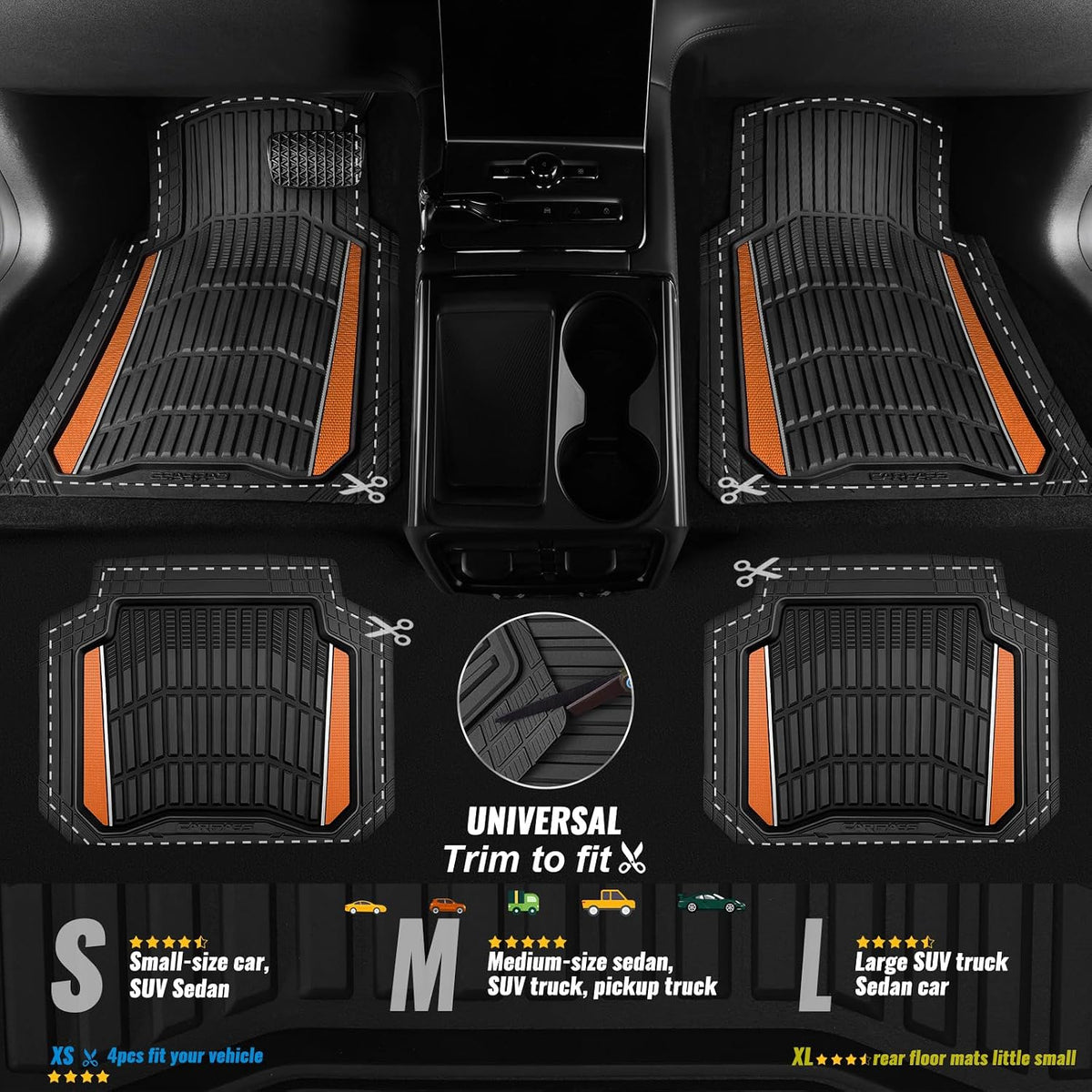 CAR PASS Heavy Duty Rubber Car Floor Mats, Deep Waterproof Car Floor Mats All Weather, Aluminum Film Floor Mats for Cars Non-Slip Universal Trim to Fit for SUVs Trucks Sedans Vans, Black Grey Metallic