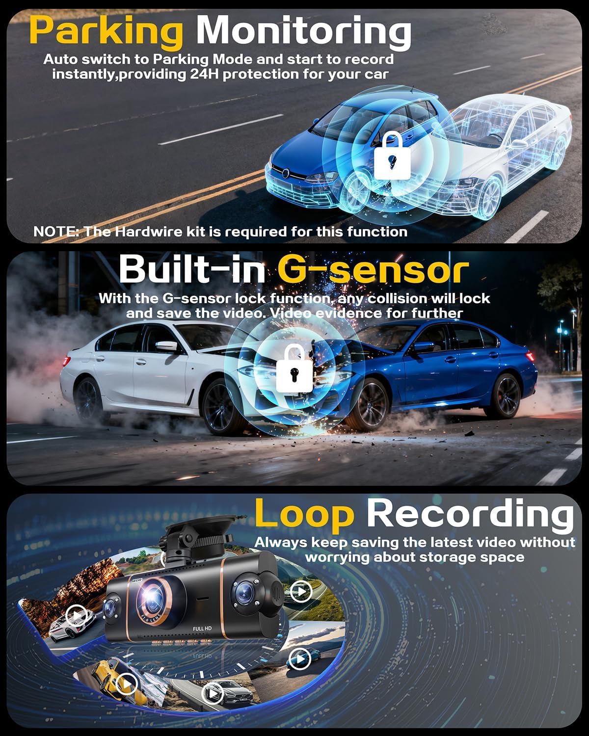 4K+1080P*3 FHD Car Camera, 4 Channel 360° Dash Cam Front Rear Inside & Left Right, 5GHz WiFi & App Control, 24H Parking Mode, G-Sensor, 8 IR Lamps Night Vision, Loop Recording, Includes 64GB SD Card