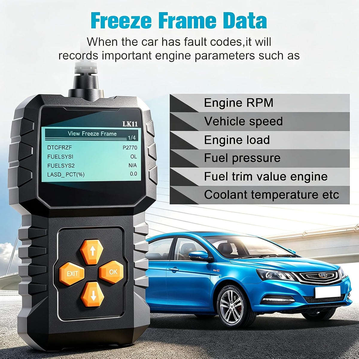 OBD2 Scanner Ease Setup Plug-Play: Clear Reset Engine Error Code Professional Code Reader Diagnostic Scan Tools with Freeze Frame/I/M Readiness for Cars Since 1996 & Newer - LK11