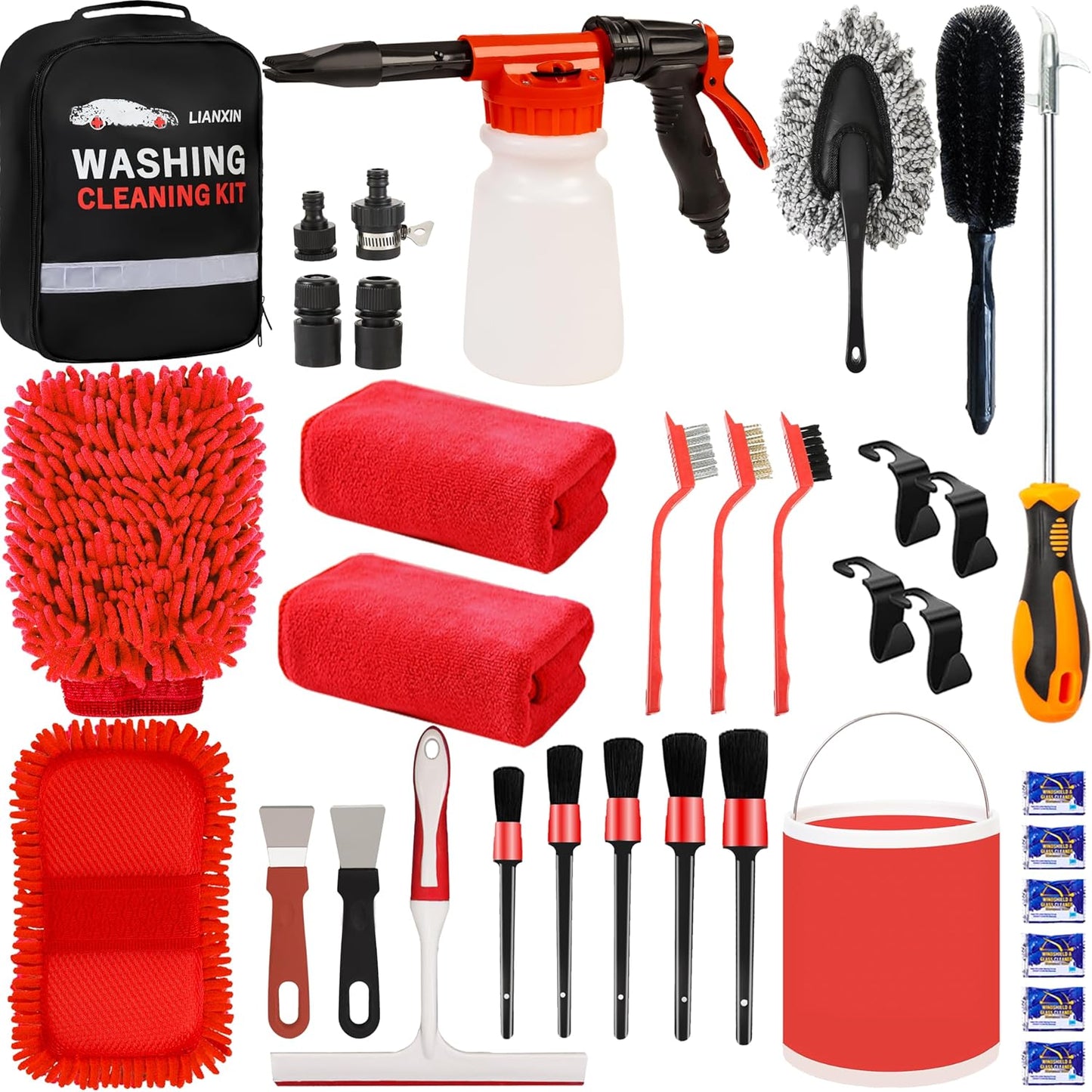 LIANXIN Car Wash Kit Car Wash Cleaning Kit with Car Wash Foam Gun Microfiber Sponge and Towels Tire Brush Built, Car Foam Gun, Car Cleaning Tool