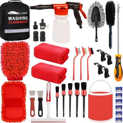 LIANXIN Car Wash Kit Car Wash Cleaning Kit with Car Wash Foam Gun Microfiber Sponge and Towels Tire Brush Built, Car Foam Gun, Car Cleaning Tool
