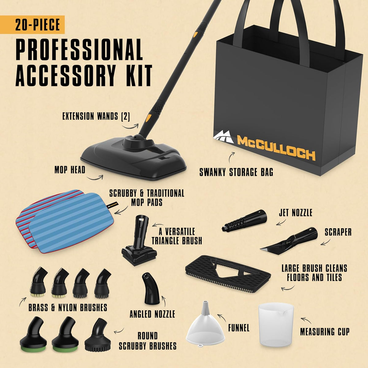 McCulloch MC1385 Deluxe Canister Steam Cleaner, 2-Hour Runtime, Chemical-Free, 23 Accessories: Mop Head, Brushes & More - Built for Home, Tile, Carpet, Furniture, & Personal Car Detailing