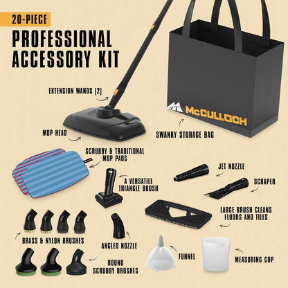 McCulloch MC1385 Deluxe Canister Steam Cleaner, 2-Hour Runtime, Chemical-Free, 23 Accessories: Mop Head, Brushes & More - Built for Home, Tile, Carpet, Furniture, & Personal Car Detailing