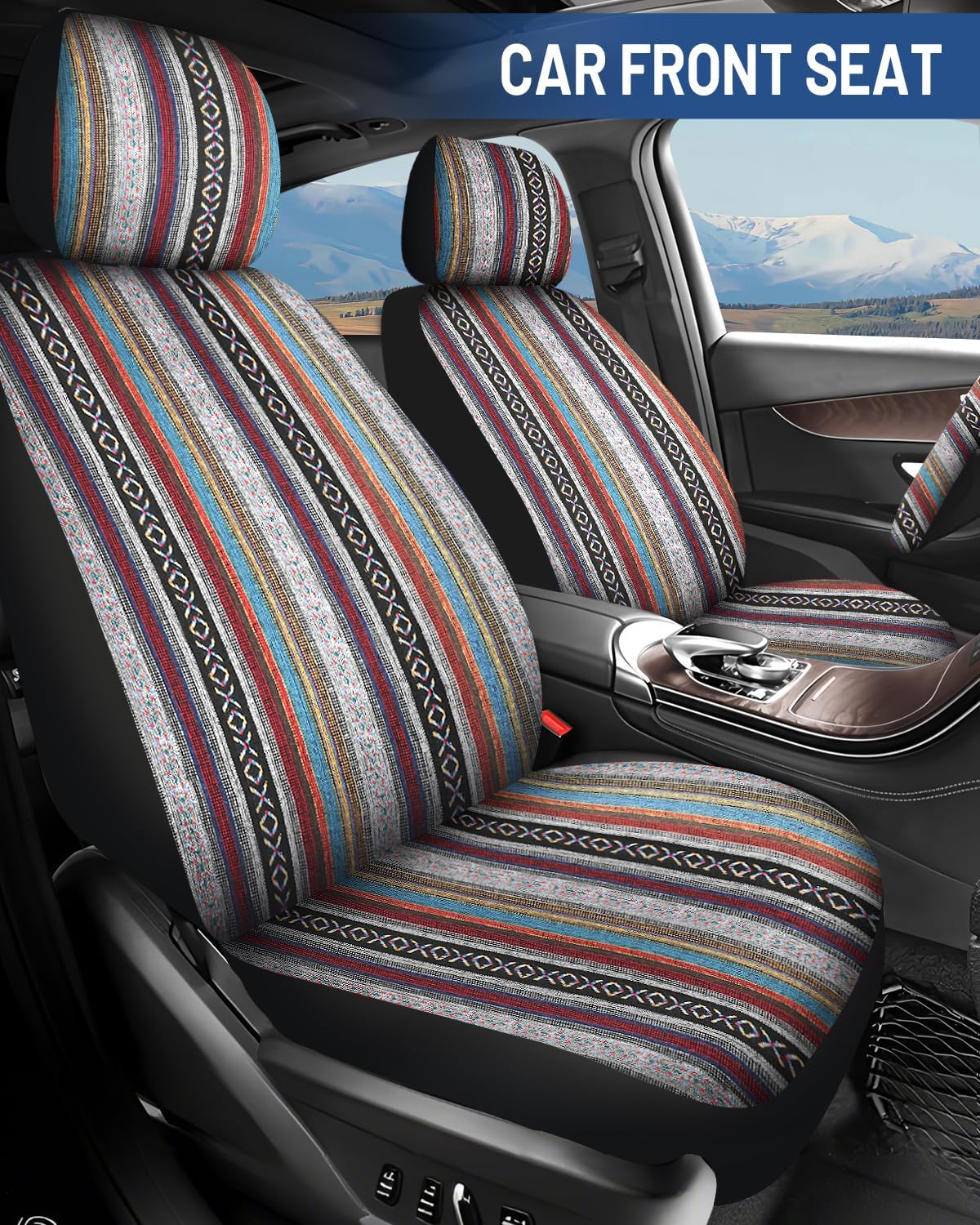 Baja Saddle Blanket Car Seat Covers Front Set, Washable Breathable Striped Woven Cloth Seat Covers for Cars, SUV, Truck, Airbag Compatible(Orange)