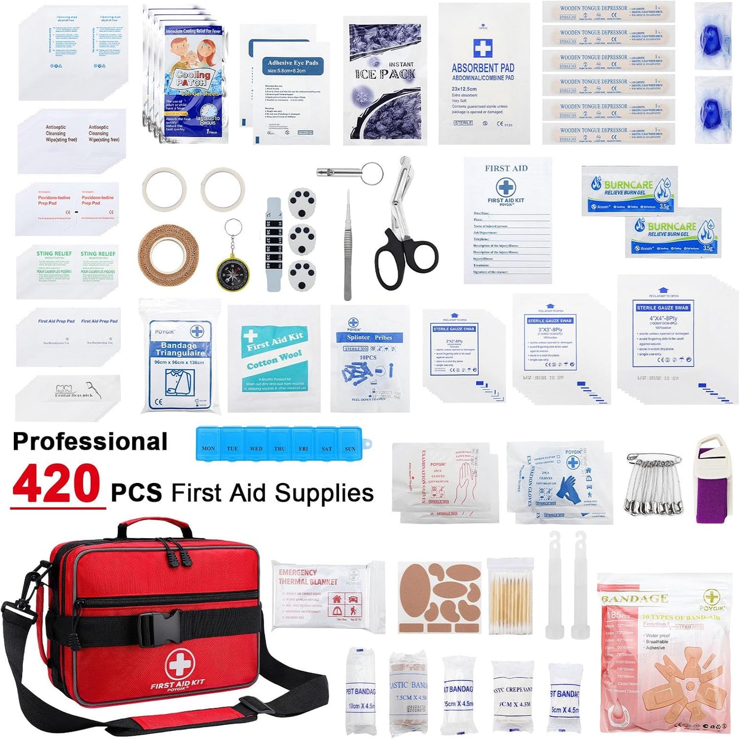 Poygik Premium 420 Piece Large First Aid Kit for Home, Car, Travel, Camping, Truck, Hiking, Sports, Office, Vehicle & Outdoor Emergencies - Emergency Medical Kits, Businesses & Home Medical Supplies