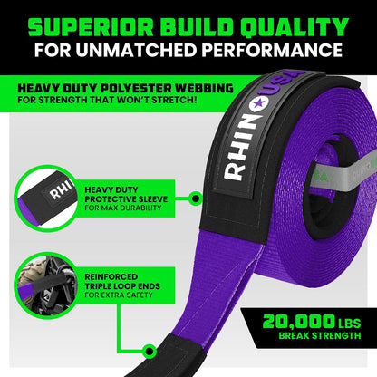 Rhino USA Recovery Tow Strap (3" x 20') - 31,518lb Break Strength - Emergency Recovery Strap Tow Rope for Truck, UTV, ATV & More - Heavy Duty Towing Strap for Offroad 4x4 Use - Compatible with Jeep