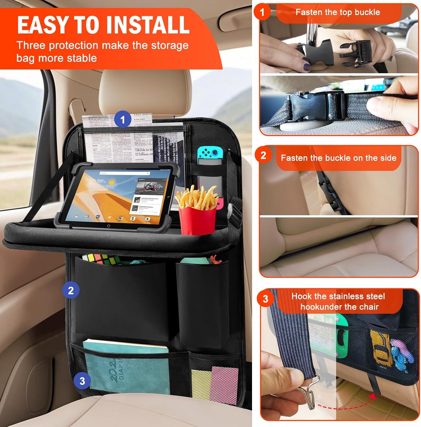 2Pack Car Backseat Organizer with Foldable Table Tray,6 Storage Pockets Car Storage Organizer with Tablet Holder,Car Seat Back Protectors Kick Mats Travel Accessories (Black)
