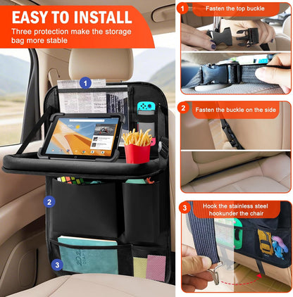 2Pack Car Backseat Organizer with Foldable Table Tray,6 Storage Pockets Car Storage Organizer with Tablet Holder,Car Seat Back Protectors Kick Mats Travel Accessories (Black)