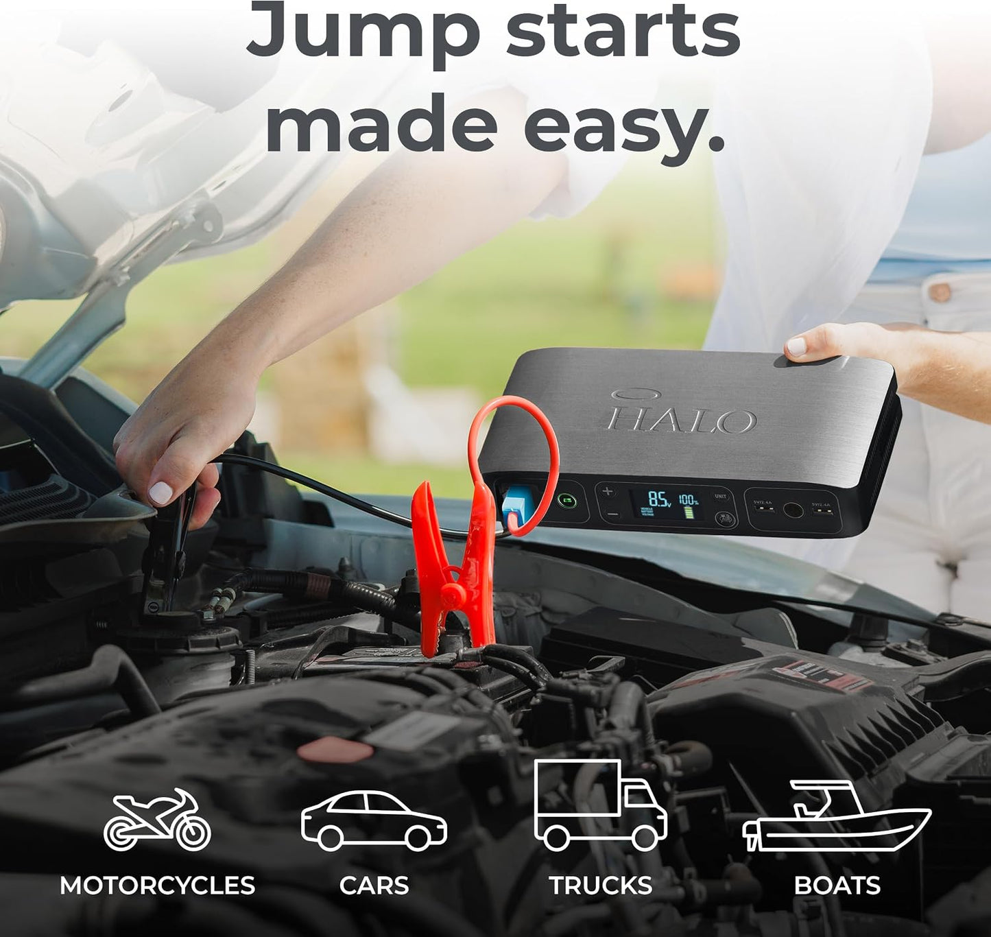 HALO Bolt Air 58830 Portable Car Battery Jump Starter | 100 PSI Air Compressor, 58.8Wh USB Power Bank, Emergency Floodlight & Charger, Jump Cars SUVs & Trucks, Inflate Tires, TSA Approved — Rose Gold