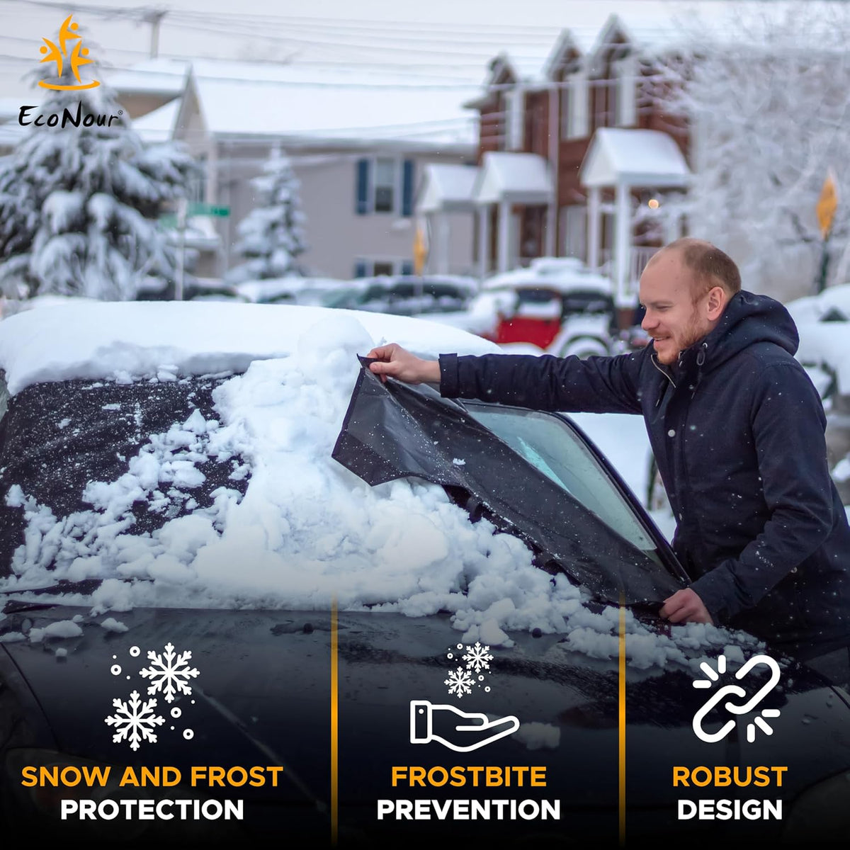EcoNour Windshield Cover for Ice and Snow - Universal Fit for Car, SUV, Truck, Heavy Duty 600D Oxford Fabric Frost Protector for Ice & Sleet, Includes Anti-Theft Straps, Medium (69"x42")