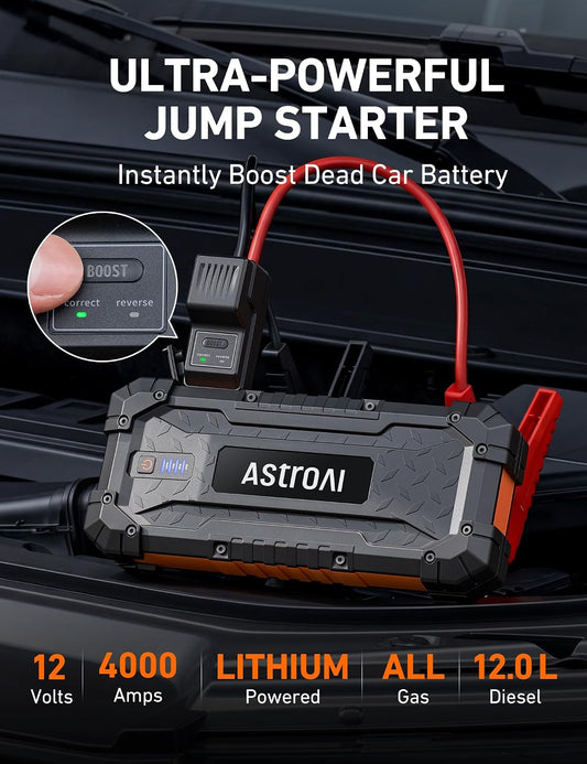 AstroAI S8 Ultra Car Jump Starter, 4000A Safe 12V Battery Booster Pack (All Gas/12L Diesel), Portable Jump Box with Smart Jumper Cables, Type-C/USB, LED Flashlight, Rugged Protection & Storage Bag