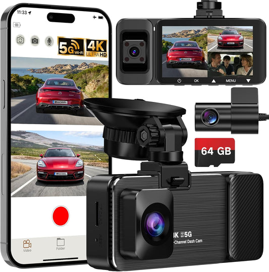 WECOOL 4K UHD 3 Channel Dash Cam Front and Rear Inside, Free 64GB Card Included, 360° Wide-Angle Full-View Dash Camera for Cars with Night Vision, 24H Parking Mode, G-Sensor, Loop Recording, 5GHz WiFi