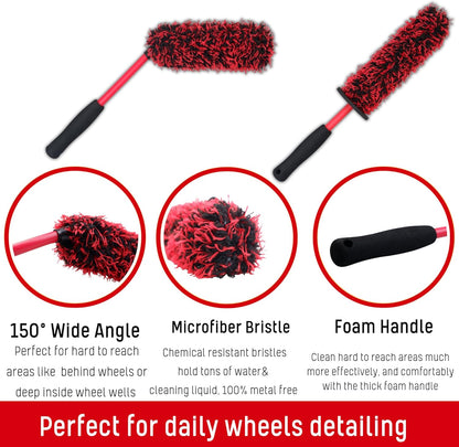 oesee Professional 4 Pack Long Handle Wheel Brush Kit for Cleaning Wheel and Tire- 2X Soft Wheel Cleaning Brush, Detailing Brush and Stiff Tire Brush, Bendable& Durable Wheel Rim Cleaner Brush Set