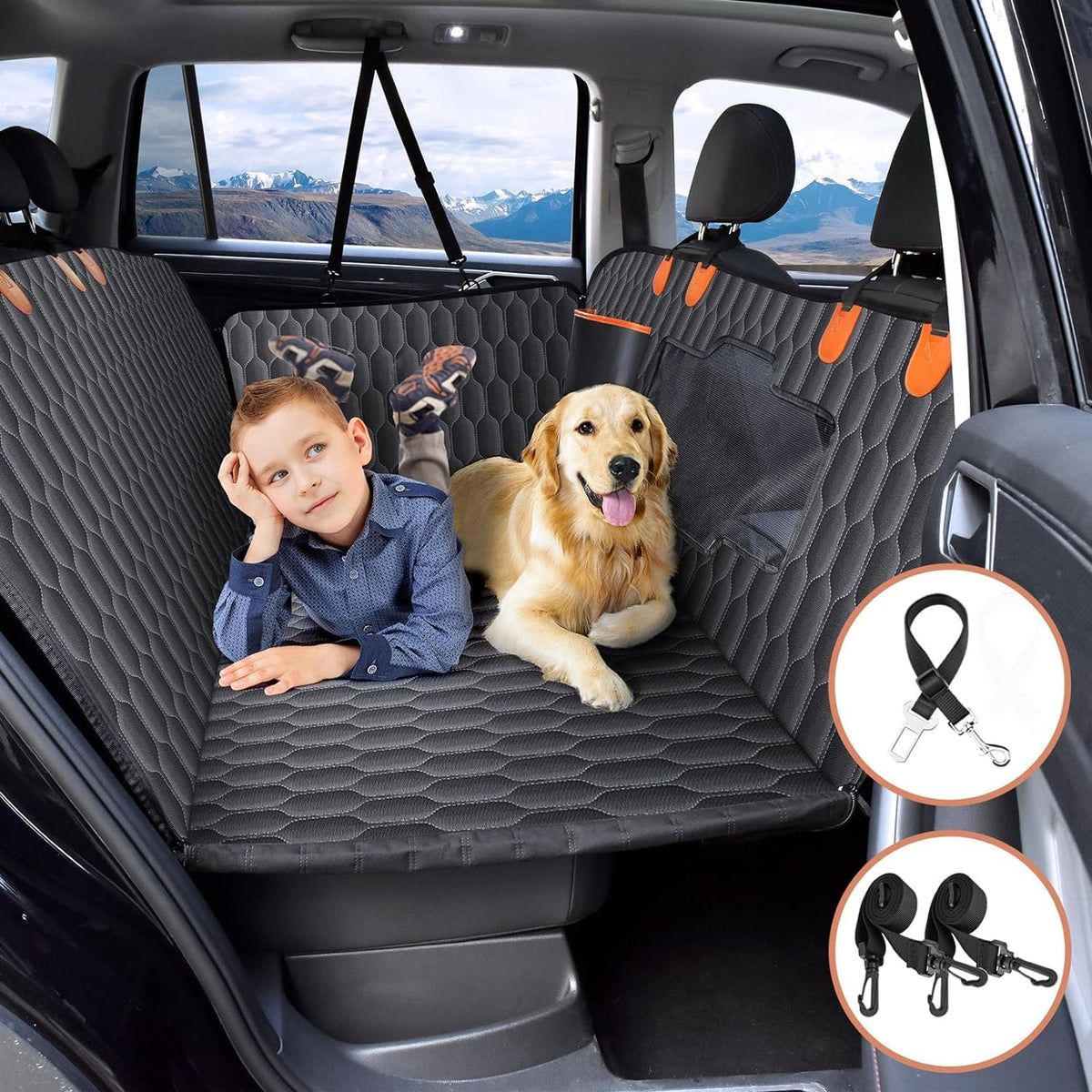 Chumajor Back Seat Extender for Dogs-Supports 400lb,Waterproof Dog Car Seat Cover Hard Bottom-Detachable,600D Heavy Duty Scratch Proof Nonslip Soft,Dog Hammock for Car,SUVs