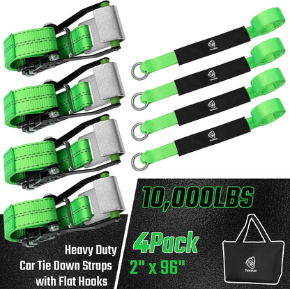 4 Pack Car Tie Down Straps for Trailers - 2" x 8' Heavy Duty Tire Straps with Snap Hooks - 10,000lbs Break Strength, Adjustable Lasso Style Wheel Straps for Hauling Cars, Truck, UTV(Green)