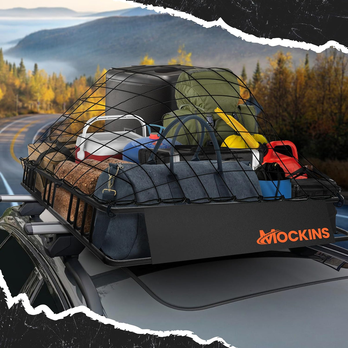 Mockins 16 Cu Ft Weatherproof No Rack Rooftop Cargo Carrier Bag 45"x34"x18" | Rooftop Cargo Bag for Top of Car | Car Topper Luggage Carrier Waterproof Set w/ Accessories | Vehicle Soft-Shell Carriers