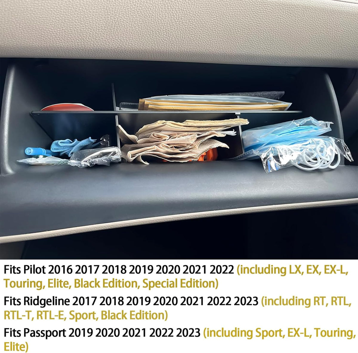 HGWEI Glove Box Organizer Compatible with Honda Pilot 2016-2022 / Ridgeline 2017-2022 2023/ Passport 2019-2022 2023 Accessories, Insert Compartment Tray ABS Black Materials Dividers