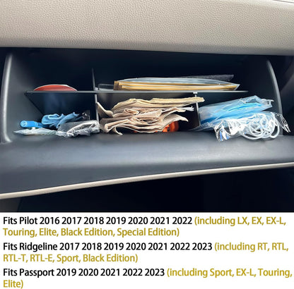 HGWEI Glove Box Organizer Compatible with Honda Pilot 2016-2022 / Ridgeline 2017-2022 2023/ Passport 2019-2022 2023 Accessories, Insert Compartment Tray ABS Black Materials Dividers
