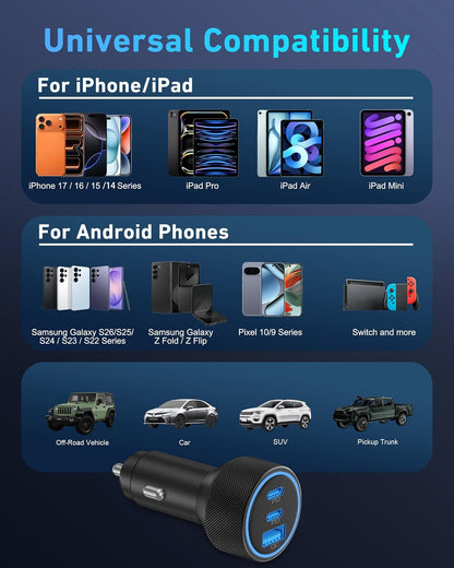 WODENTA for iPhone 17/16/15 Pro Max Car Charger, 67W 3-Port Fast USB C Car Charger Power Cigarette Lighter Adapter with 3FT USB C to C Cable for iPhone 17/17 Pro/Air/17e/16/15 Pro Max/Plus/16e, iPad