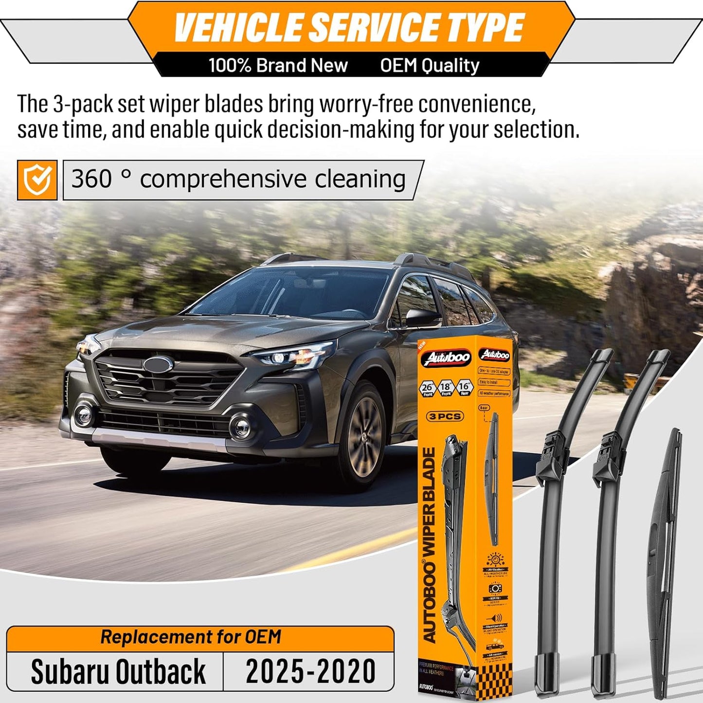 AUTOBOO 3-Pack Windshield Wiper Blades for Subaru Outback 2020-2025, Original Equipment Replacement 26"+18" Front and 16" Rear, All-Weather Performance, Easy One-Click Install