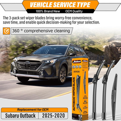 AUTOBOO 3-Pack Windshield Wiper Blades for Subaru Outback 2020-2025, Original Equipment Replacement 26"+18" Front and 16" Rear, All-Weather Performance, Easy One-Click Install