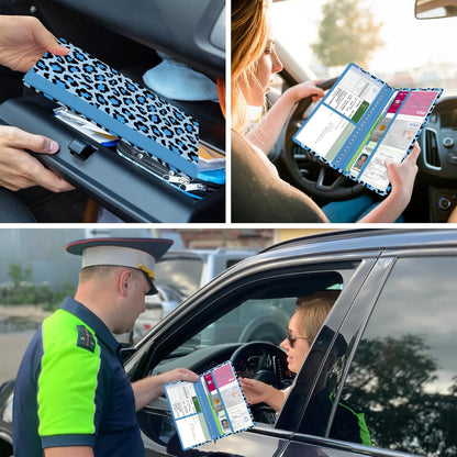 Car Registration and Insurance Holder, with Magnetic Closure for License, Cards and Documents, All Vehicle Needs and Car Accessories (Leopard-Black)