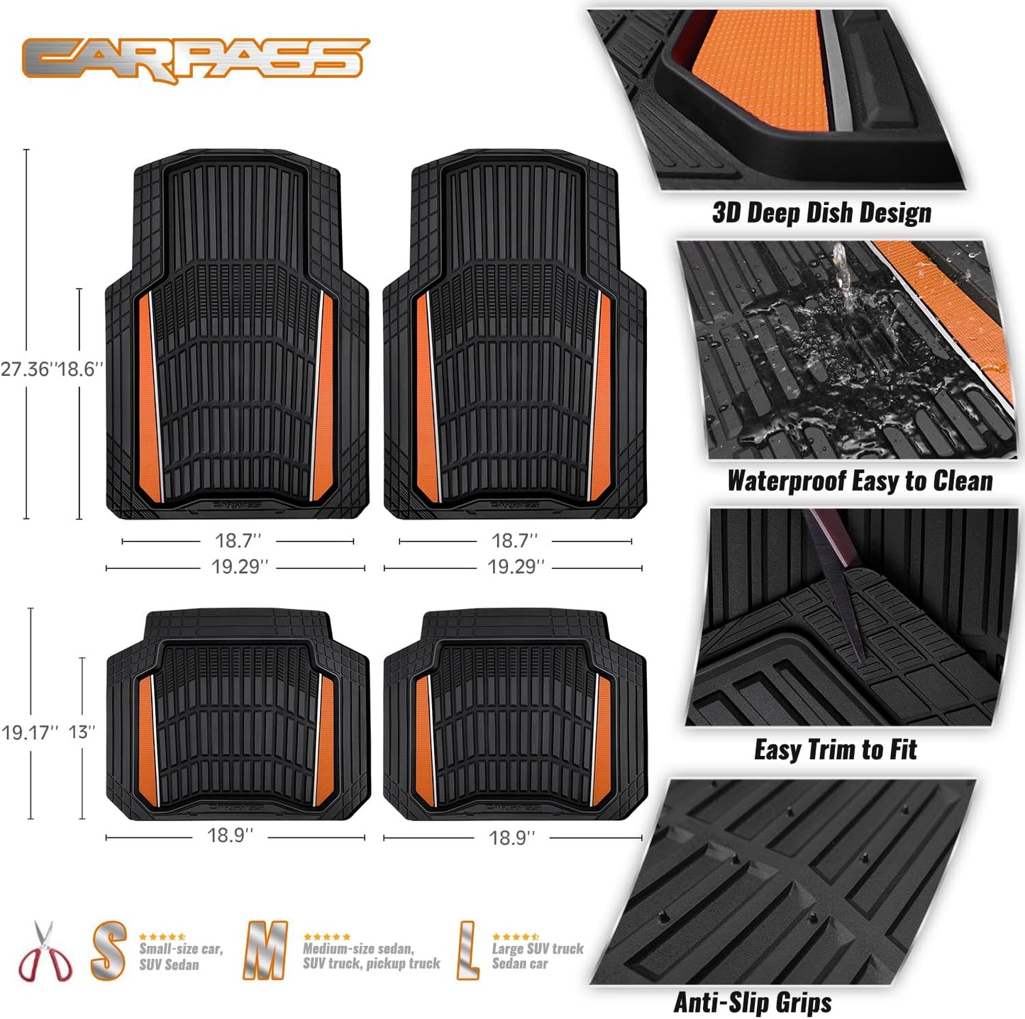 CAR PASS Heavy Duty Rubber Car Floor Mats, Deep Waterproof Car Floor Mats All Weather, Aluminum Film Floor Mats for Cars Non-Slip Universal Trim to Fit for SUVs Trucks Sedans Vans, Black Grey Metallic