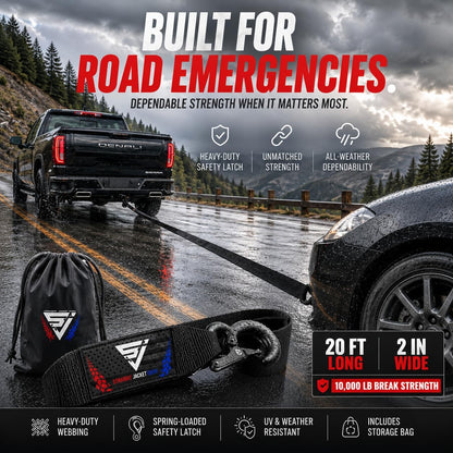 Heavy Duty 2-in x 20-ft Tow Strap with Forged Steel Hooks | 10,000 lb Break Strength | Sturdy Supplies for Vehicle Towing