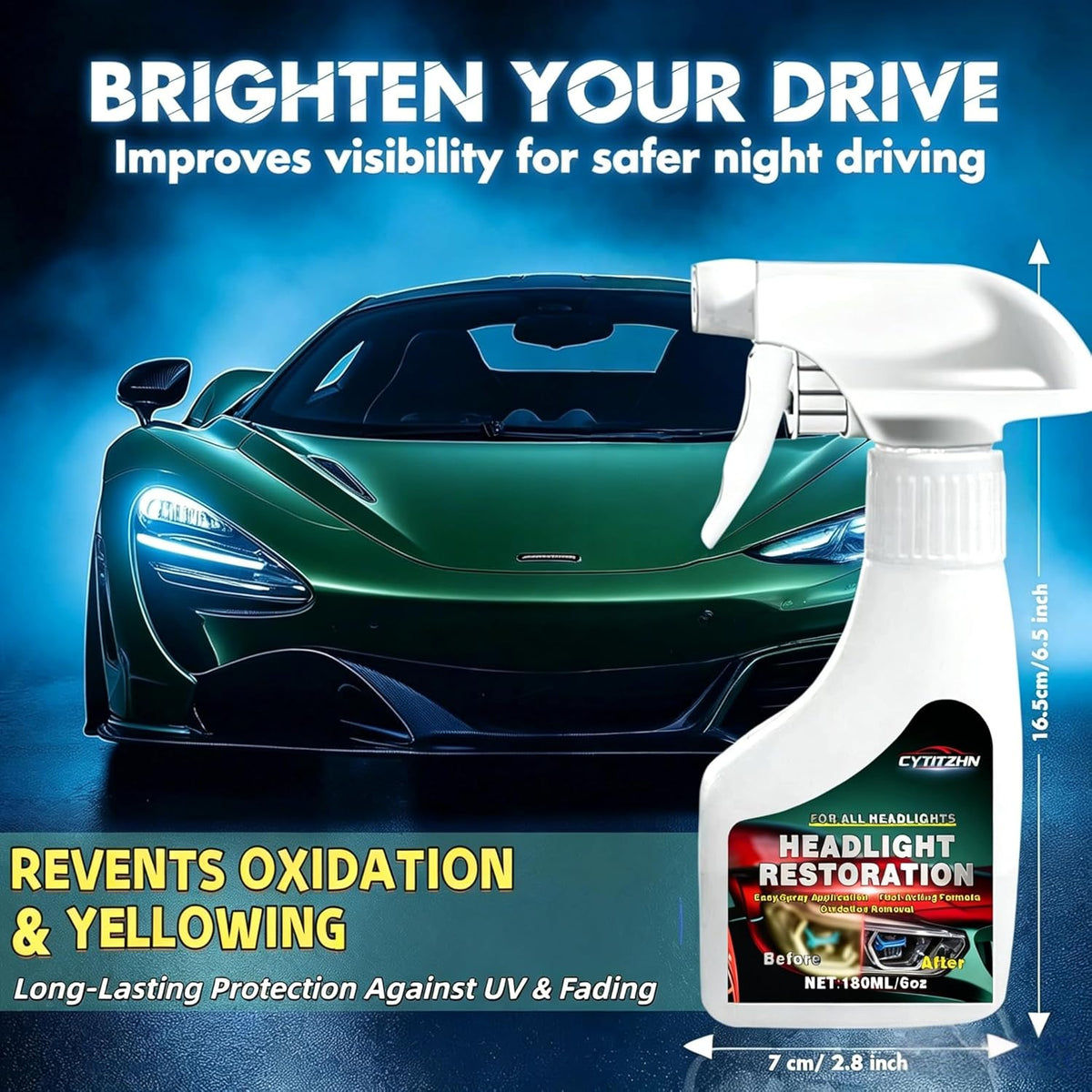 Headlight Restoration Cleaner – Instant Removal of Oxidation, Yellowing & Stains, Restores Cloudy Headlamps to Like New Condition, Portable Spray for All Cars –180ml/6.8oz