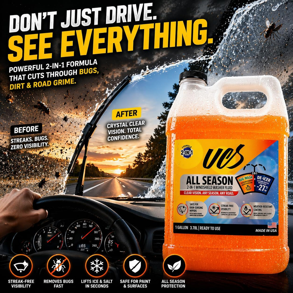 UCS 2-in-1 Windshield Washer Fluid 2-Pack (1 Gallon Each, 256 fl oz Total) – Ready to Use, Streak-Free Formula, All-Weather Cleaning, Removes Bugs, Dirt & Road Grime – Premium Windshield Cleaner