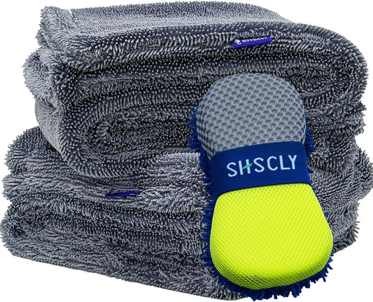 SHSCLY Compact Car Drying Towels, 2 Pack Twist Loop Microfiber Towels, Lightweight and Easy to Control, Highly Absorbent for Cars, Glass, Mirrors and Interior, 20 x 24 Inch