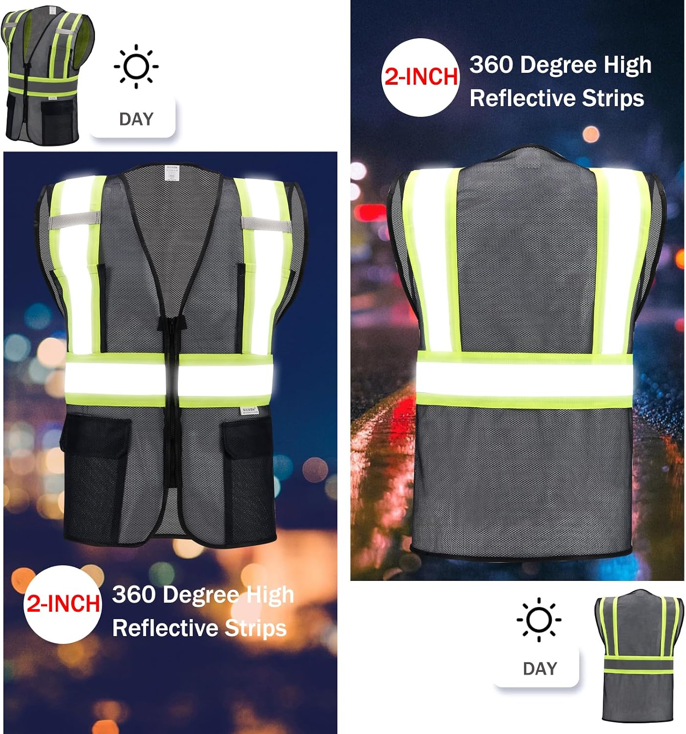 High Visibility Reflective Safety Vest with Zipper and Pockets Orange,M