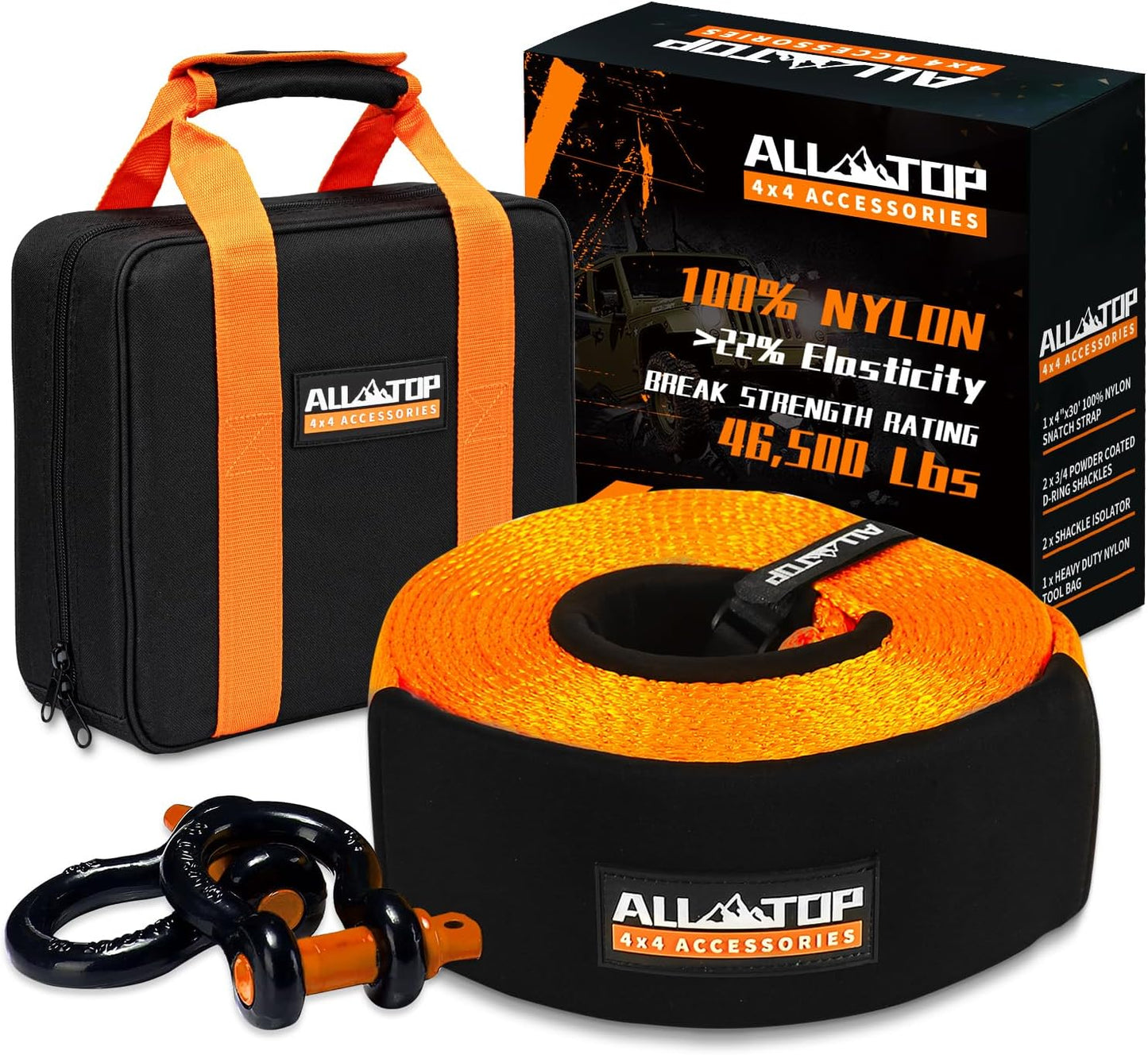 ALL-TOP Heavy Duty Tow Strap Recovery Kit: 3 inch x 20ft (35,000lbs) 100% Nylon and 22% Elongation Snatch Strap + 3/4 Heavy Duty D Ring Shackles (2pcs) + Storage Bag