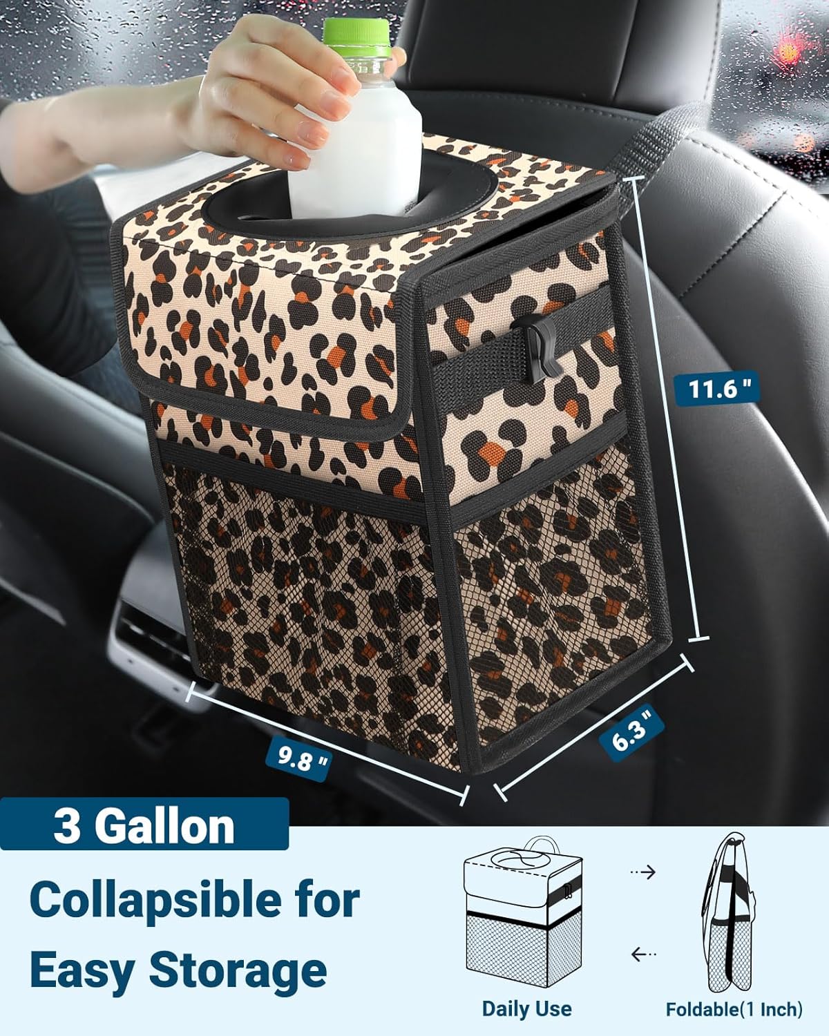 Capolo Car Trash Can with Lid, Leakproof Car Trash Bag Hanging Waterproof Automotive Garbage Can with Storage Pockets Mini Vehicle Trash Bin for Back/Front Seat(Black,2.5 Gallon)