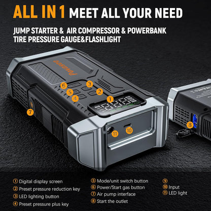 [2026NEW Model] 5000A Jump Starter with Air Compressor,Car Jumper Starter Portable with 150PSI Tire Inflator 12V Jump Box with LCD Display,Flashlight,Storage Case (Up 9L Gas/8L Diesel Engine